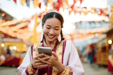 A cheerful woman in traditional clothing using her smartphone during a festive moment, showing how easily the DBKK app fits into everyday life.