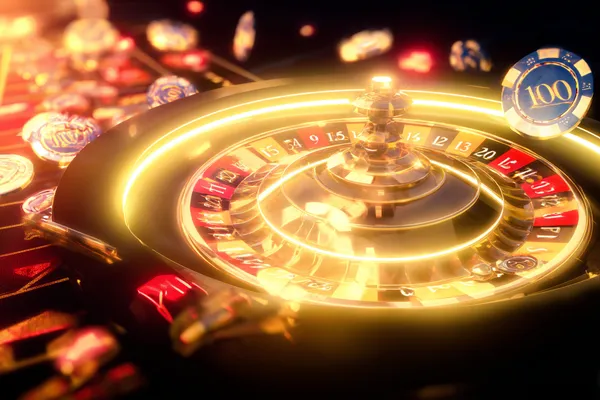 A glowing roulette wheel with cascading chips, symbolizing the engaging live and instant-win games available on DBKK.